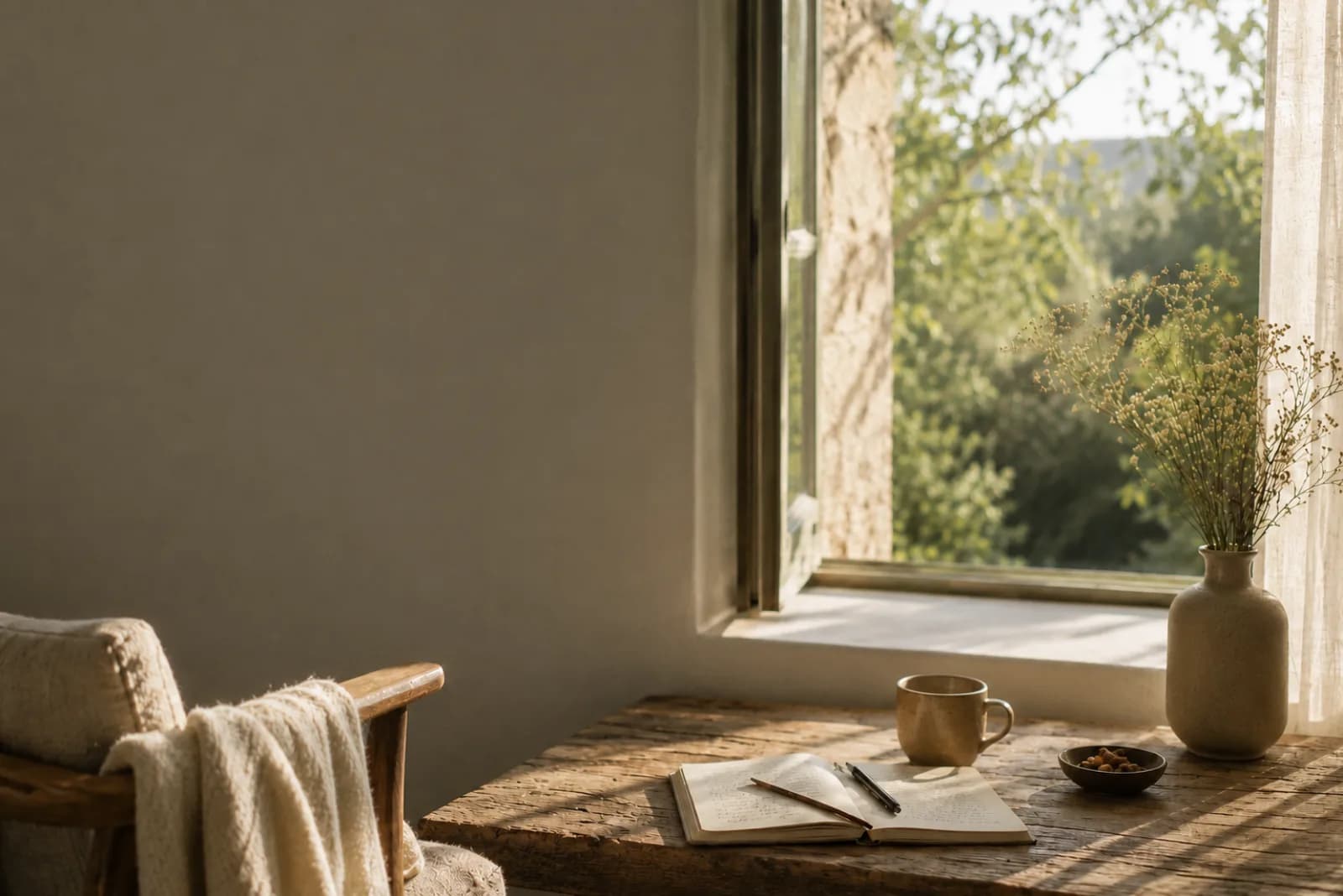 Coin lecture baigné de lumière : carnet ouvert, tasse et bouquet de fleurs séchées près d’une fenêtre